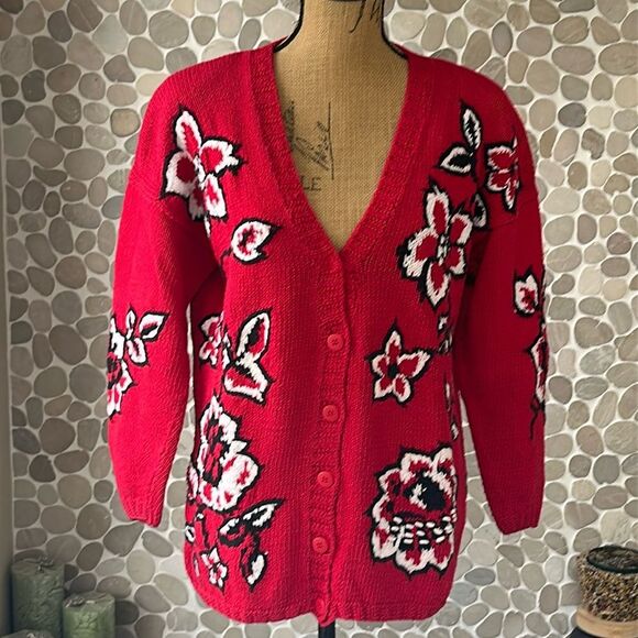 Izod Sweaters - Vintage IZOD hand knitted red black white floral cardigan – size large